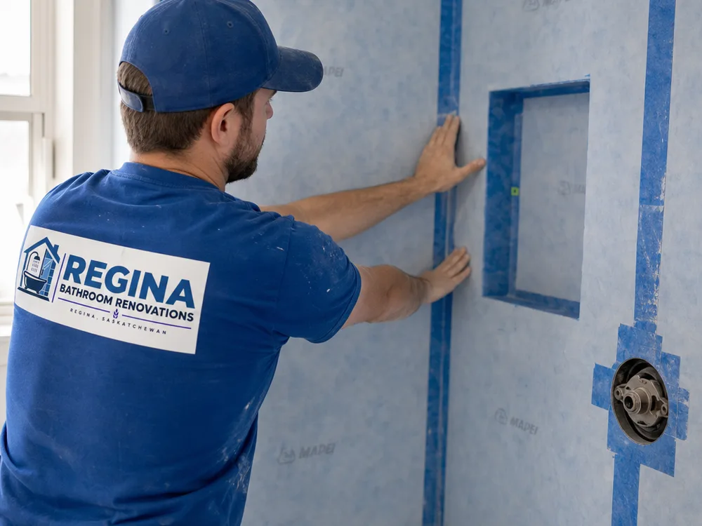 Tradesperson installing waterproofing membrane around a shower niche and valve penetrations