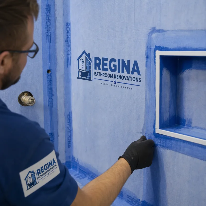 Shower wall waterproofing membrane with sealed corners and a prepared niche before tile installation
