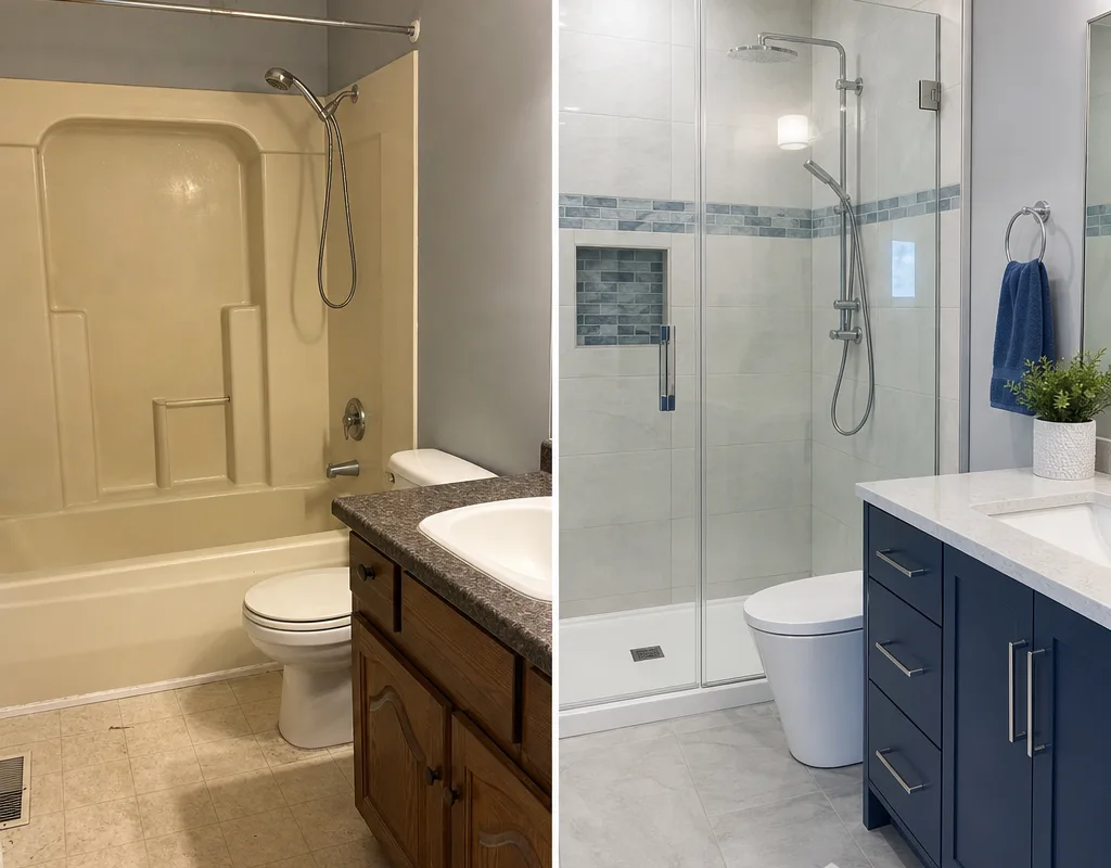 Before and after of a Regina bathroom with a dated tub surround replaced by a tiled shower, glass door, and modern vanity