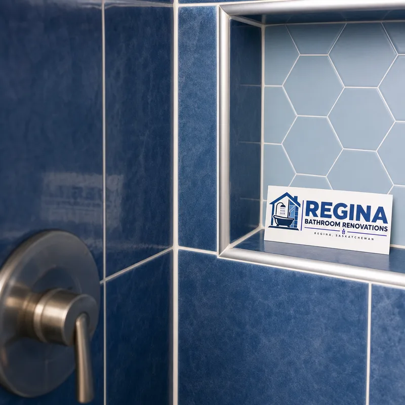 Close-up of a shower niche, waterproofed corners, and a neatly finished silicone joint at a tile transition