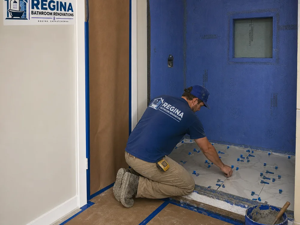 Bathroom remodel in progress with shower waterproofing membrane, tile leveling system, and protected floors and doorway