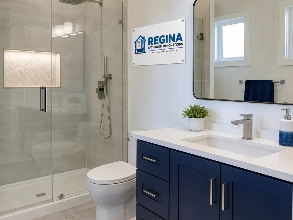 Finished bathroom with large-format tile, a niche, clean grout lines, modern vanity, and lighting