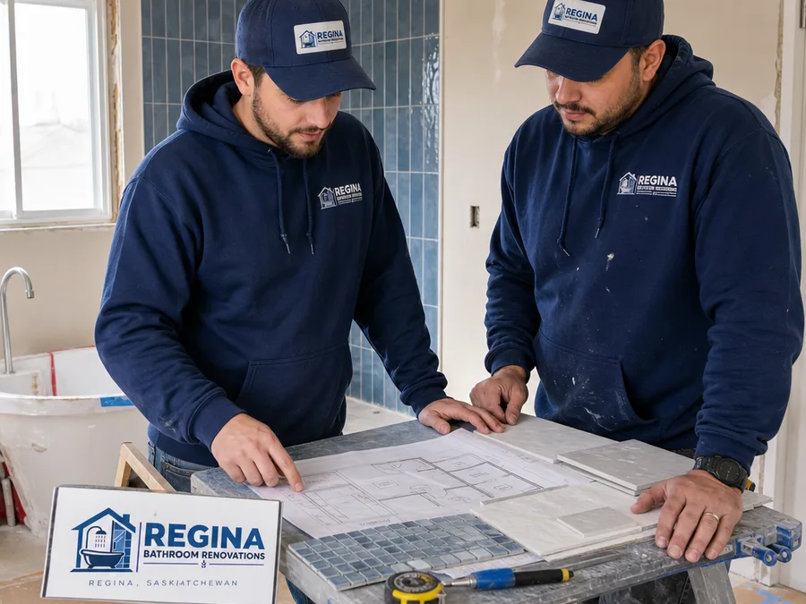 Regina bathroom renovation team reviewing plans and tile samples on an organized jobsite